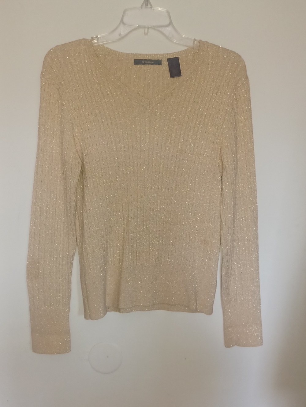 Liz Claiborne Gold Sparkle Ribbed Scoop Neck Sweater in Cream. NWOT. Size S
